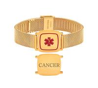 Zircobic Pulsera de alerta médica de acero inoxidable tono dorado - Ligera, duradera y resistente al agua con grabado láser Cancer, elegante y cómoda para uso diario o viajes