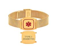 Zircobic Pulsera de alerta médica dorada de acero inoxidable - Ligera, resistente al agua, joya médica minimalista con grabado láser Type I Diabetes para viajes, uso casual y activo