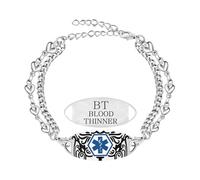 Zircobic Pulsera de Alerta Médica Estilizada - Placa Grabada “Blood Thinner”, Cadena Doble en Forma de Corazón Ajustable, Joyería ID Ligera e Impermeable para Uso Diario, Viajes, Exterior