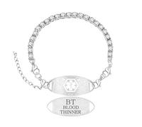 Zircobic Pulsera de Alerta Médica para Mujer, Cadena Tennis de Zirconio Blanco, Placa Grabada BLOOD THINNER, ID Curvada Intercambiable, Impermeable para Uso Diario