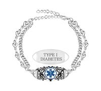Zircobic Pulsera de Alerta Médica - Placa Grabada con Láser “Type I Diabetes”, Cadena Doble en Forma de Corazón Ajustable, Joyería ID Ligera e Impermeable para Viajes, Deportes, Uso Diario