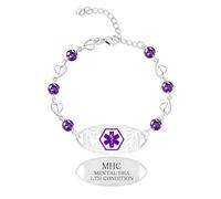 Zircobic Pulsera de Alerta Médica Salud Mental en Circonio Púrpura para Mujeres - Placa de Acero Inoxidable Grabada con Láser, Cadena en Corazón, Ligera & Cómoda, ID Médica para Uso Diario & Trabajo
