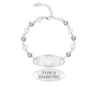 Zircobic Pulsera de Alerta Médica Tipo 2 Diabetes - Cadena Corazón Circonio Blanco Redondo, Acero Inoxidable Grabado, Joya ID Femenina, Resistente al Agua & Ajustable, Perfecta para Fitness & Correr