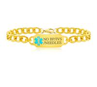 Zircobic Pulsera de alerta médica unisex elegante | Grabado láser “NO BP/IVS/NEEDLES” | Acero inoxidable dorado | Ligera, duradera, impermeable y cómoda | Apta para uso diario y laboral
