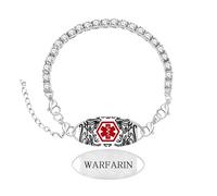 Zircobic Pulsera de Alerta Médica WARFARIN, Cadena Tennis de Zirconio Blanco, Placa Curvada Intercambiable, Placa de Acero Grabada, Para Fitness y Correr