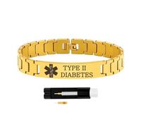 Zircobic Pulsera de Alerta para Diabetes Tipo II Dorada - Acero Inoxidable Grabado Láser e Impermeable, Incluye Herramienta de Ajuste, Diseño Ligero y Duradero, Perfecta para Fitness y Viajes