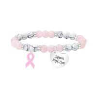 Zircobic Pulsera de Cinta Rosa para Mujeres - Cuentas de Turquesa Blanca y Cuarzo Rosa, Dije de Corazón con “Support. Hope. Care.”, Joyería para la Concienciación del Cáncer de Mama