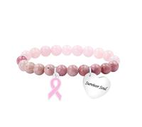 Zircobic Pulsera de Concienciación sobre el Cáncer de Mama para Mujeres - Cuentas de Cuarzo Rosa y Rodocrosita con Dije Grabado “Survivor Soul”, Diseño de Cinta Rosa