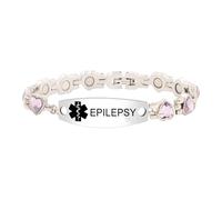 Zircobic Pulsera de identificación médica EPILEPSIA y diabetes | Eslabones de corazón morado con circonitas y bastón de Asclepio en acero inoxidable | Ajustable de 17-19 cm