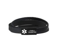 Zircobic Pulsera de Moda Hombre Cuero Trenzado Fe - Placa Alerta Médica Diabetes Tipo 1 Grabada Láser, Impermeable y Ligera, Adecuada Para Estilo de Vida Activo