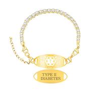 Zircobic Pulsera de Moda, Placa Grabada TYPE II DIABETES, Cadena Tennis de Oro, Impermeable, Cierre Ajustable, Ideal para Gimnasio y Natación