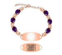 Zircobic Pulsera ID con Código QR, Detalles de Zirconia Púrpura, Placa de Acero Inoxidable Resistente al Agua, Cadena Ajustable de Oro Rosa, Uso Diario para Escaneo de Emergencias