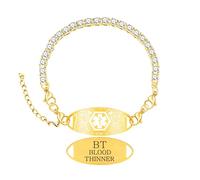 Zircobic Pulsera ID Médica para Mujer con Zirconia Oro, Placa BLOOD THINNER Grabada, Placa de Acero Inoxidable Intercambiable, Ligera para Uso Diario y Viaje