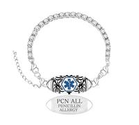 Zircobic Pulsera ID Tennis de Zirconio Blanco para Mujer - Placa Grabada PENICILLIN ALLERGY Remplazable, Ajustable, Ideal para Uso Exterior