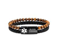 Zircobic pulsera médica Blood Thinner - Cuero trenzado impermeable y cuentas de ojo de tigre, identificación diaria de seguridad para hombres y mujeres, ideal para viajes y estilo activo