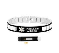 Zircobic Pulsera Médica de Acero Inoxidable Plata y Negra - Grabado Láser “Alergia a la Penicilina”, Ligera, Impermeable y Cómoda para Uso Todo el Día
