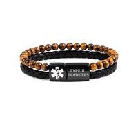 Zircobic pulsera médica diabetes tipo II - Cuentas naturales de ojo de tigre, cuero PU, placa de acero inoxidable impermeable, uso diario para adultos