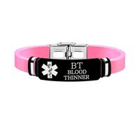 Zircobic Pulsera Médica Femenina de Silicona Rosa - Impermeable, Ligera & Cómoda, Placa de Acero Inoxidable Grabada con Láser “BLOOD THINNER”, Uso Diario, Fitness & Actividades al Aire Libre