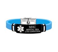 Zircobic Pulsera Médica - Grabada con Láser CONDICIÓN DE SALUD MENTAL, Silicona Azul & Acero Inoxidable, Ligera & Cómoda, Unisex, Correr, Fitness & Uso Diario