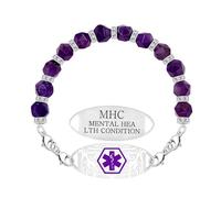 Zircobic Pulsera Médica Grabado Láser MENTAL HEALTH CONDITION Acero Inox｜Cuentas Cristal Morado｜Ligera, Minimalista & Cómoda｜Diario, Viaje, Fitness, Aire Libre