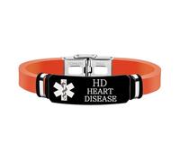 Zircobic Pulsera Médica Impermeable Naranja - Grabada con Láser ENFERMEDAD CARDÍACA, Silicona & Acero Inoxidable, Ligera & Duradera, Unisex, Uso Diario, Fitness & Viajes