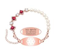 Zircobic Pulsera Médica Mujer “NO BP/IVS/NEEDLES” | Perla Natural + Circonia Roja Cuadrada | Placa Acero Grabada | Resistente al Agua para Actividad Diaria