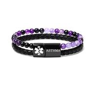 Zircobic pulsera médica para uso diario - placa de acero Asma con ágata rayada morada y cuero PU, adecuada para uso diario o actividad ligera