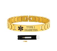 Zircobic Pulsera Médica Unisex Dorada - Información de Diabetes Tipo I Grabada Láser, Acero Inoxidable Ligero y Cómodo con Herramienta de Ajuste, Adecuada para Ejercicio Diario y Actividades