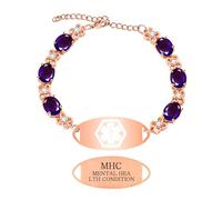 Zircobic Pulsera para Condición de Salud Mental - Piedras de Zirconia Púrpura, Cadena Ligera de Oro Rosa, Placa de Acero Inoxidable, Cómoda para Oficina, Viajes o Uso Deportivo