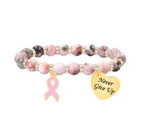 Zircobic Pulsera Rosa para Mujeres - Piedra Cebra Rosa con Dije de Corazón Dorado Grabado “Never Give Up”, Joyería Inspiradora con Significado Simbólico