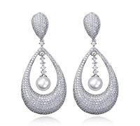 Zirconia cúbica Diamante completo Pendientes de lujo en forma de gota Larga gama alta Perla Reina Borla Colgante Joyería de la cena de boda-Silver-One size