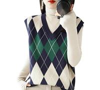 ZIRONG Suéter Chaleco Sin Mangas Mujer,Jersey Sin Mangas con Estampado De Rombos En Mezcla De Lana para Mujer/Chalecos De Suéter De Primavera/Camisetas Sin Mangas Sueltas con Cuello En V,XL