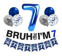 Zirtorei Decoraciones de cumpleaños número 7 para niños y niñas, 9 globos azules y plateados con texto en inglés "Bruh I'm 7", globos de feliz 7º cumpleaños, suministros para fiesta de cumpleaños de 7