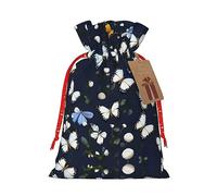 ZISHAK Bolsa de regalo con cordón de arpillera con flores blancas y mariposas azules, bolsa de regalo de tela artesanal, perfecta para Navidad