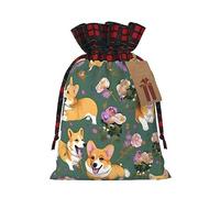 ZISHAK Corgi - Bolsas de regalo de Navidad con cordón y diseño de flores florales, bolsas de regalo reutilizables para todas las ocasiones, Flores florales de corgi, 1 count (Pack of 1)