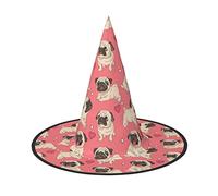 ZISHAK Divertido sombrero de bruja de Halloween para mujer, diseño de perro carlino de dibujos animados, sombrero de fiesta definitivo para el mejor conjunto de disfraz de Halloween