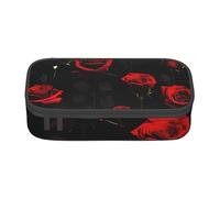 ZISHAK Estuche para lápices con fondo negro y rosa roja con fondo negro, estuche para lápices de maquillaje, bolsa de tela Oxford, organizador grande, Muchas rosas rojas y fondo negro, Talla única
