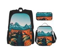 ZISHAK Mochila ligera con diseño de mapa del mundo de especias - Estuche de lápices isotérmico - Combinación de tres piezas - Mochila, Puesta de Sol de Montaña, Talla única