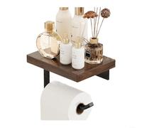 ZiStarlilife Paquete de 1 soporte de inodoro montado con estante de madera de nogal natural, organizador de baño de aluminio espacial para almacenamiento de rollos de pañuelos, diseño de borde liso