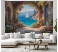 ZISTRCBAO 1 Pieza Tapiz De Arcos Macetas Veleros 100x75cm Mediterráneo Clásico Decoración Artística De La Pared Colgante Tela De Fondo Rodaje Para La Decor De Fiestas En El Hogar, Azul Turquesa
