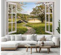 ZISTRCBAO 1 Pieza Tapiz De Praderas Puentes Arqueados Lagos 230x180cm Vista De Ventana Pastoral Sanadora Decoración Artística De La Pared Colgante Tela De Fondo Rodaje Para La Decor, Verdor