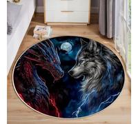 ZISTRCBAO Alfombra Redonda El Enfrentamiento Entre Dragones Y Lobos De 80cm, Arte De Fantasía Oscura Tapete Redondo Antideslizante, Azul Profundo Alfombras Redondas para Salón Sofá Estudio Comedor