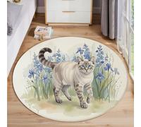 ZISTRCBAO Alfombras Redonda De Gato Atigrado Flor De Iris, Lindos Animales De Acuarela Antideslizante Alfombra Redonda, Multicolor Suave Alfombra De Pelo Corto para Dormitorio, Entrada, Comedor, 60cm