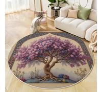 ZISTRCBAO Alfombras Redondas Flores Moradas Árbol De La Vida, Tapete Redondo Antideslizante, Estilo Artístico Bohemio Tradicional Alfombra De área Redonda para Salón Sofá Comedor Dormitorio 100cm