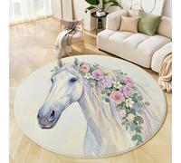 ZISTRCBAO Caballo Blanco Rosa Alfombra Salon Redonda 60cm, Alfombra Dormitorio con Animal De Ensueño En Acuarela, Lavable Lavadora Alfombras Comedor Antideslizante Tapete para Cocina Halls