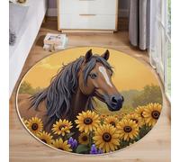 ZISTRCBAO Caballo Marrón del Campo De Girasoles Alfombras Redondas 80cm, Animal De Dibujos Animados Alfombras Redondas, Lavable Suave Alfombra Círculo para Terraza Exterior Interior Salón, Amarillo