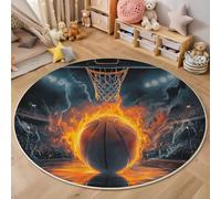 ZISTRCBAO Cancha De Baloncesto En Llamas Alfombras Redondas, Arena Alfombra Redonda 120cm, Lavable Alfombra para Habitación Infantil Sala de Juegos, Naranja