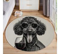 ZISTRCBAO Caniche con Gafas Alfombra Redonda 100cm, Antideslizante Lavables Alfombras Redondas Retrato De Animal Vintage para Dormitorio Salón Oficina Sofá, Negro