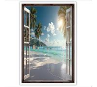 ZISTRCBAO Cuadro De Arte De Pared Con Palmeras Playa, Lienzo Grande Vista Desde La Ventana De Una Playa Tropical, Decoración Vertical Para Sala De Estar, Porche, Entrada 50×70 cm, Sin Marco