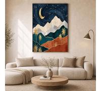 ZISTRCBAO Cuadro Lienzo Luna Creciente Estrellas Montañas, Estilo Bohemio Retro Sobre Lienzo Moderno Cuadros Pared Salón Comedor Dormitorio Arte Contemporáneo Impresión 30×40 cm, Azul Oscuro